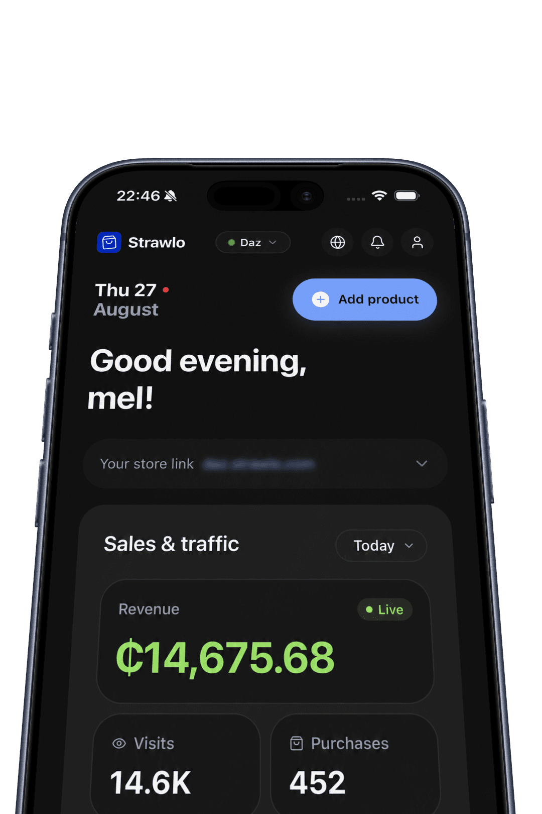 The Strawlo app showing a store's revenue, visits and purchases for the day